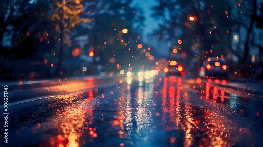 Night streets in the city shining with bright streetlight lamps, while rain falls on the street, creating reflections. Night streets in the city shining with bright streetlight lamps, while rain falls on the street, creating reflections.