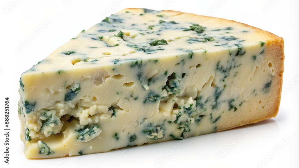 Close-up of a Wedge of Blue Cheese with Green Mold, White Background, Delicious Dairy, Cheese, Blue Cheese, Food Photography, Moldy Close-up of a Wedge of Blue Cheese with Green Mold, White Background, Delicious Dairy, Cheese, Blue Cheese, Food Photography, Moldy