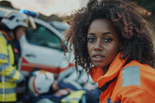 Young African American Woman Assisting Emergency Response Team in Providing First Aid at Accident Scene photo