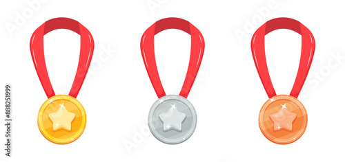 Set of prize medals with star on ribbon. Award for first, second and third place. Gold, silver and bronze pendant photo