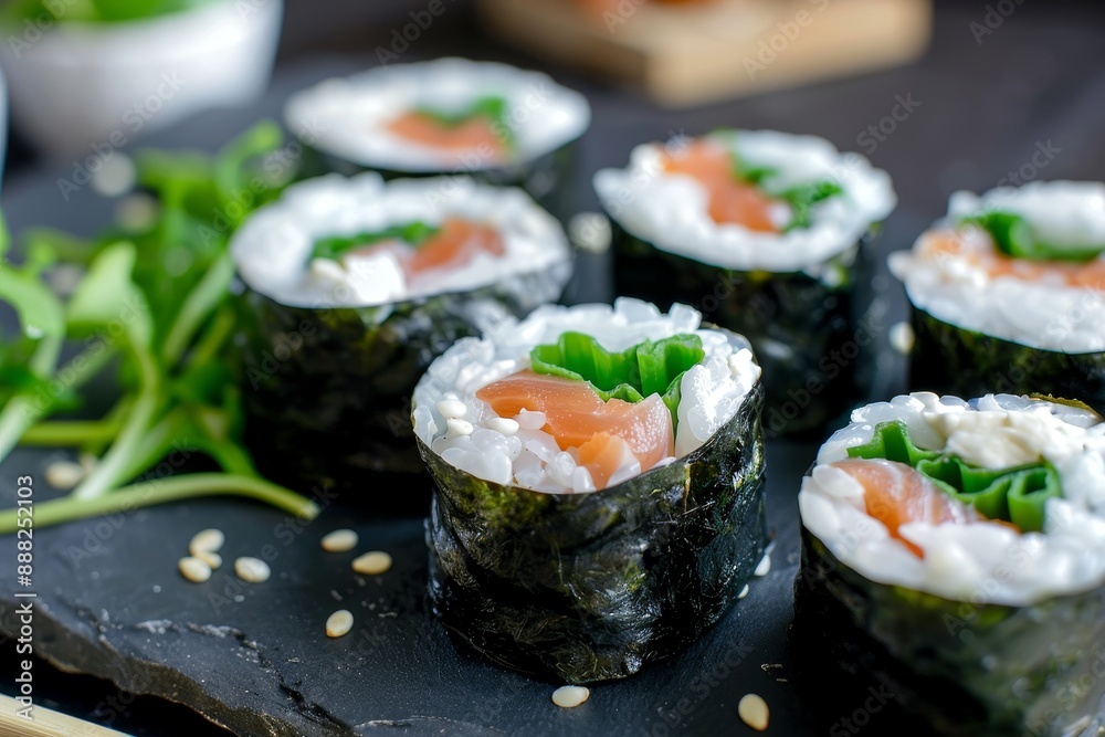 Cream cheese sushi rolls with wakame salmon and greens Cream cheese sushi rolls with wakame salmon and greens