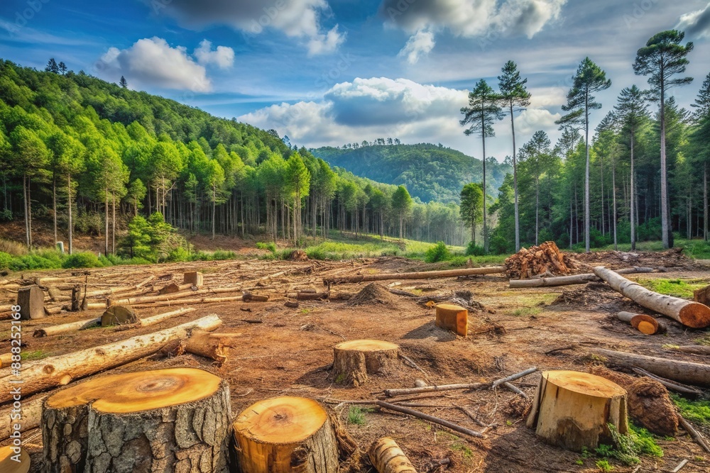 Deforestation devastation with trees being cut down leading to ...