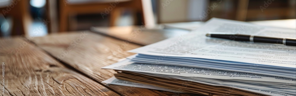 Obraz premium EU AI Regulation in Focus: Documentation Stack on Wooden Table Emphasizing Ethical AI Laws and Technology Safety Policies