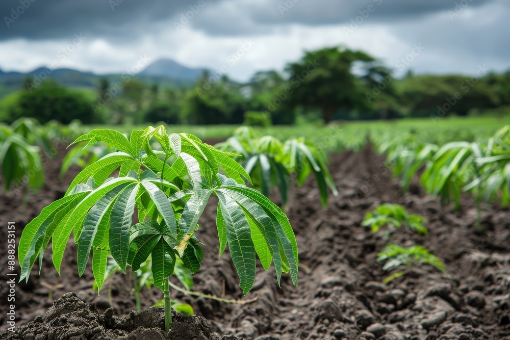 Cultivated field with a green cassava tree Cultivated field with a green cassava tree