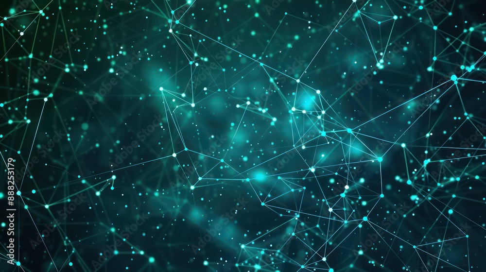 Sky blue dots connected by light blue threads on a dark green canvas, text space in the upper center Sky blue dots connected by light blue threads on a dark green canvas, text space in the upper center