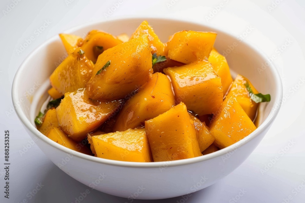 Cut mango pickle in white bowl with white background