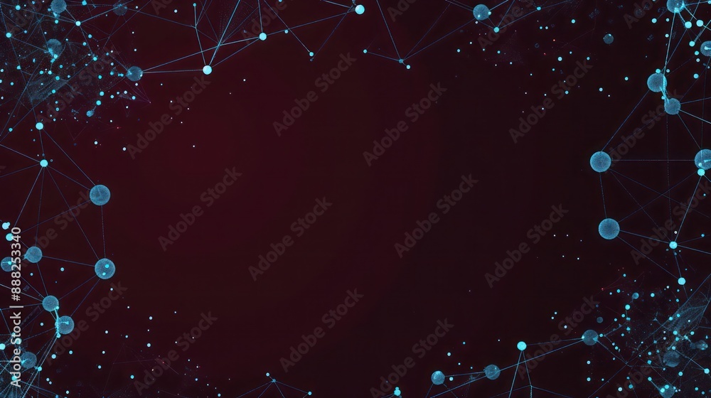 Fototapeta premium Slate blue dots connected by ice blue lines on a dark burgundy canvas, text space in the upper center