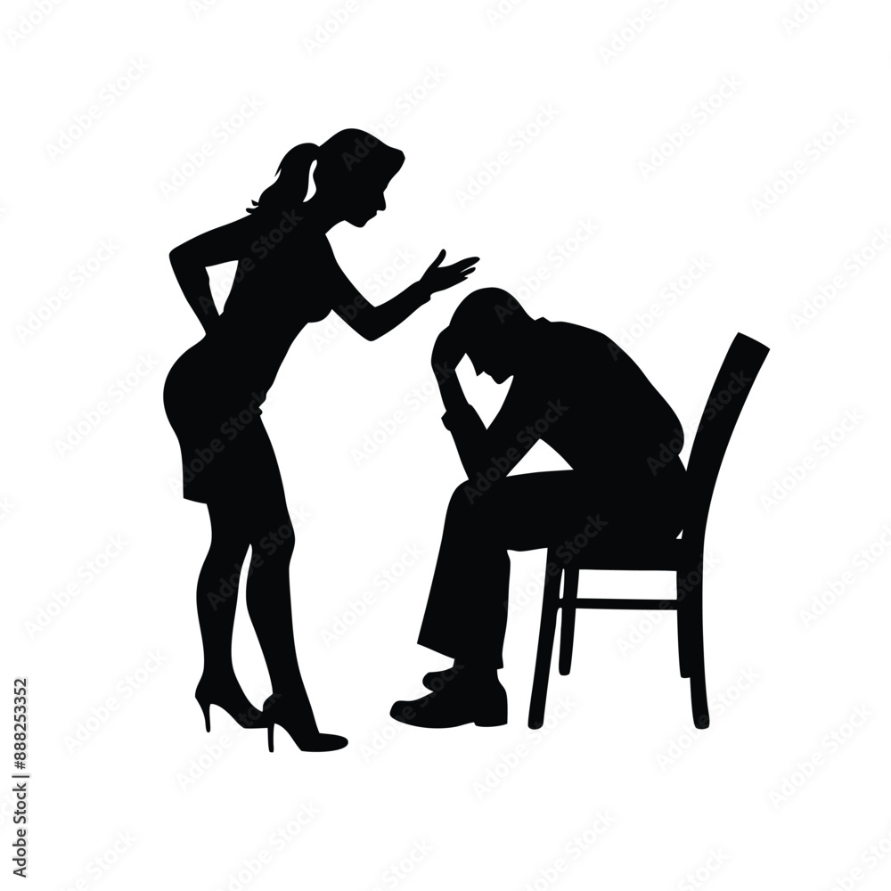 depicting a woman loudly shouting at a man sitting, vector silhouette illustration depicting a woman loudly shouting at a man sitting, vector silhouette illustration