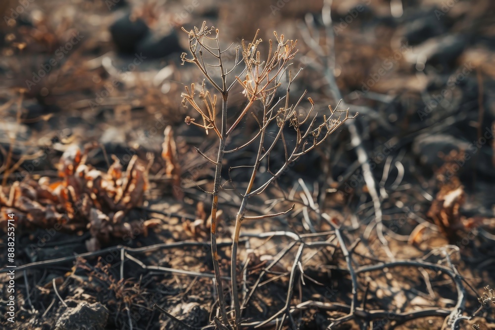 Dead plant destroyed by drought and natural disaster with dry plant background Dead plant destroyed by drought and natural disaster with dry plant background