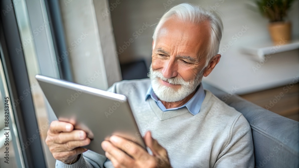 Senior man enjoying technology, browsing on tablet with a smile in a sunlit living room, embracing digital age and connectivity with joyful ease. Senior man enjoying technology, browsing on tablet with a smile in a sunlit living room, embracing digital age and connectivity with joyful ease.