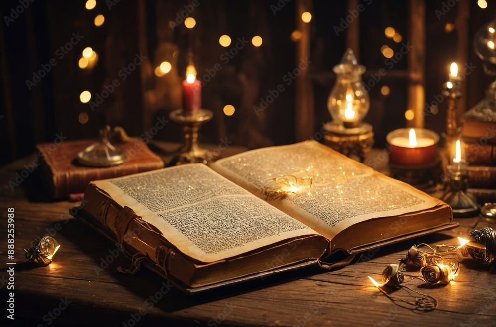 Old open book with magical sparks surrounded candles and antique objects in dark mysterious setting