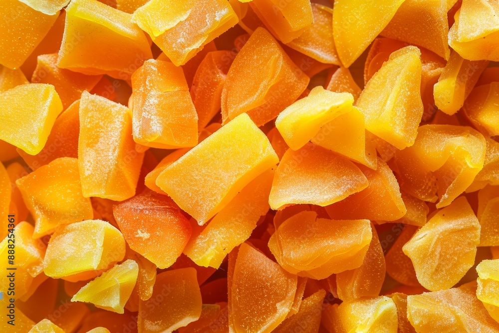 Dehydrated mango chips closeup with soft focus Dehydrated mango chips closeup with soft focus