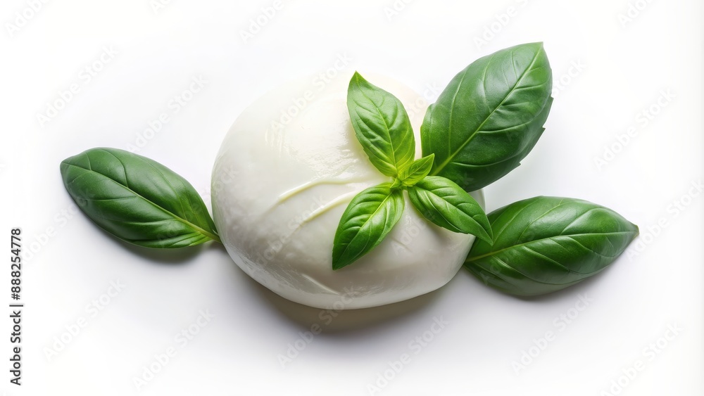 Fresh Burrata Cheese with Basil Leaves on White Background, Italian Food, Cheese, Basil, White Background Fresh Burrata Cheese with Basil Leaves on White Background, Italian Food, Cheese, Basil, White Background