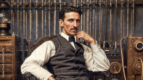 Portrait of Nikola Tesla in vintage lab surrounded by early 19th-century scientific instruments and machinery, evoking genius of renowned inventor and electrical engineer.