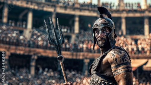 Fierce gladiator stands in packed ancient arena, wielding trident, with his face marked by dirt and determination. The crowd blurs behind him, highlighting his intense focus and readiness. photo