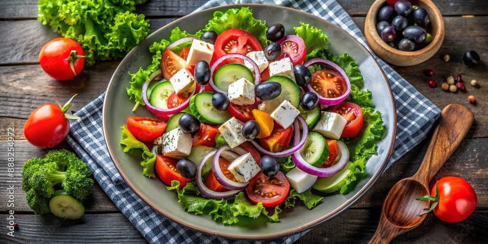 Fresh Greek Salad with Feta Cheese, Tomatoes, Cucumbers and Olives in a Bowl on a Wooden Background, greek salad, greek food, feta cheese, salad recipe Fresh Greek Salad with Feta Cheese, Tomatoes, Cucumbers and Olives in a Bowl on a Wooden Background, greek salad, greek food, feta cheese, salad recipe