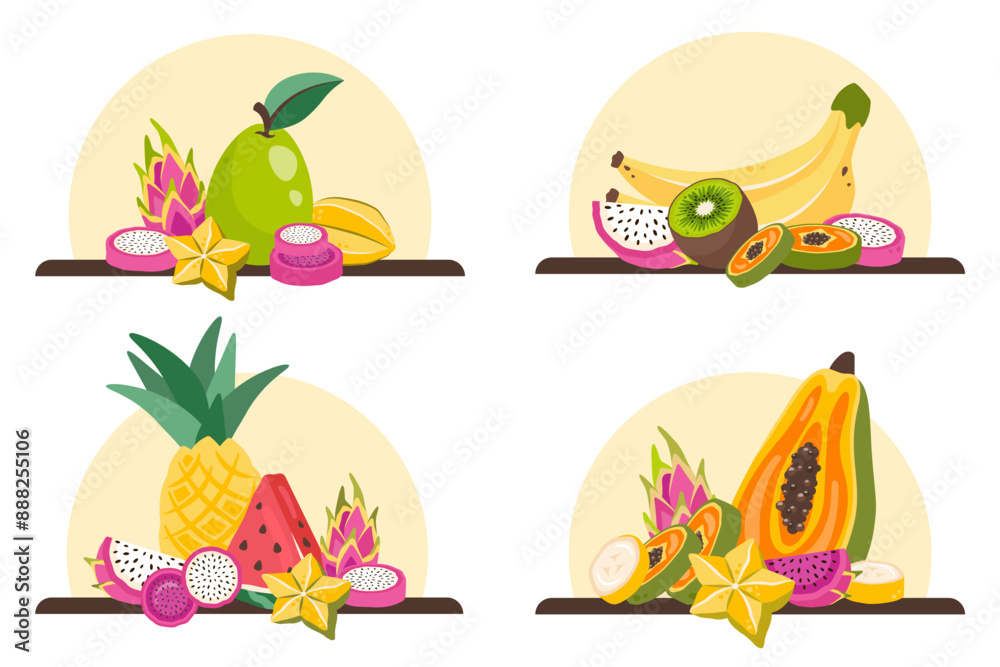 Set of Exotic fruits. Fresh Tropical fruits. Fruit clipart. Organic healthy food. Dragon fruit, papaya, banana, pineapple, kiwi, watermelon, carambola. Natural snack. Vector flat illustration Set of Exotic fruits. Fresh Tropical fruits. Fruit clipart. Organic healthy food. Dragon fruit, papaya, banana, pineapple, kiwi, watermelon, carambola. Natural snack. Vector flat illustration