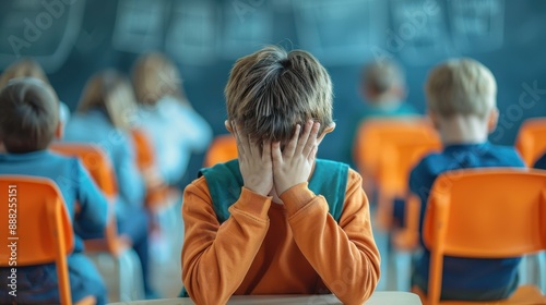 sad frustrated boy sitting in a class hiding his face in his hands