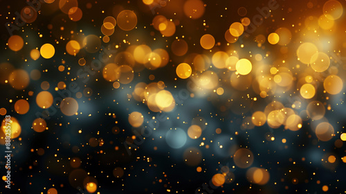 Golden bokeh lights create a festive and warm atmosphere against a dark background, ideal for holiday-themed designs and background enhancements. photo