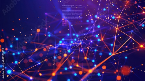 Royal blue dots connected by bright orange lines on a deep purple background, with a text area in the upper center