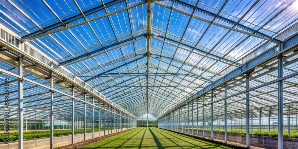 Greenhouse Structure with Glass Roof and Rows of Plants, Greenhouse, Agriculture, Horticulture, Farming Greenhouse Structure with Glass Roof and Rows of Plants, Greenhouse, Agriculture, Horticulture, Farming