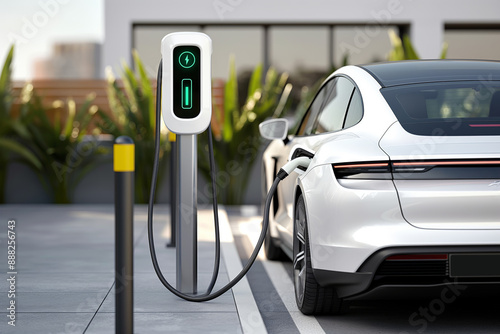 Charging an Electric Car at a Modern Station in an Urban Environment, Embracing Eco-Friendly Transportation and E-Mobility Concepts