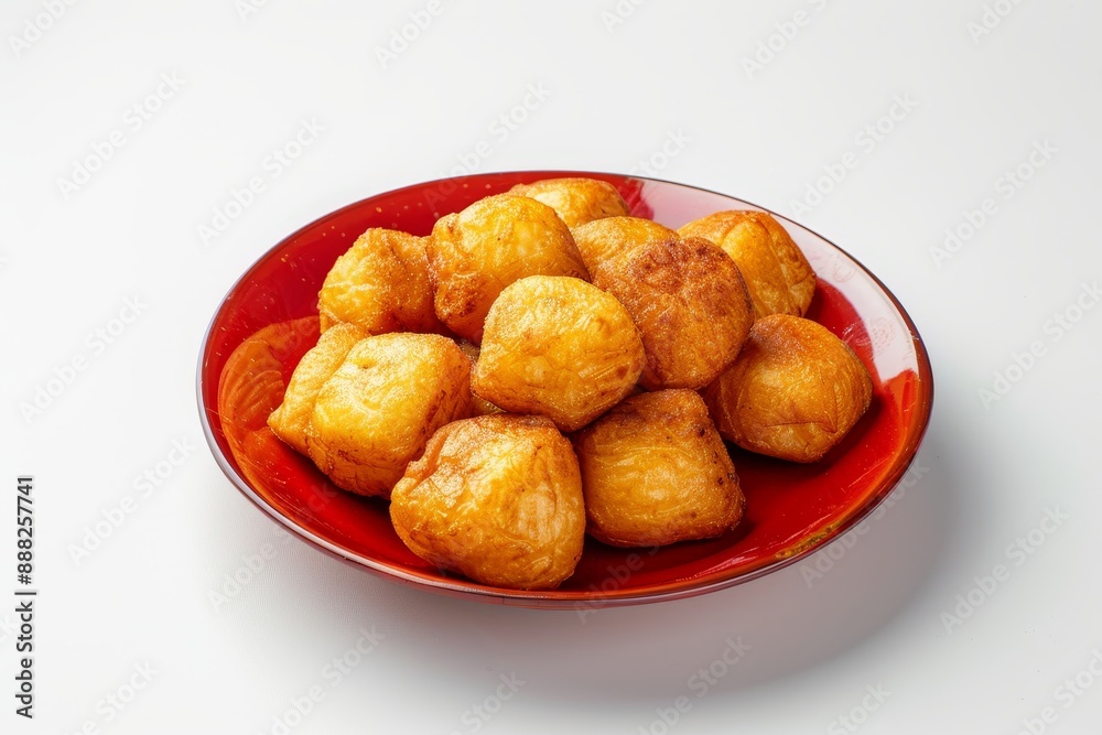 Fried cassava on red plate with white backdrop Fried cassava on red plate with white backdrop