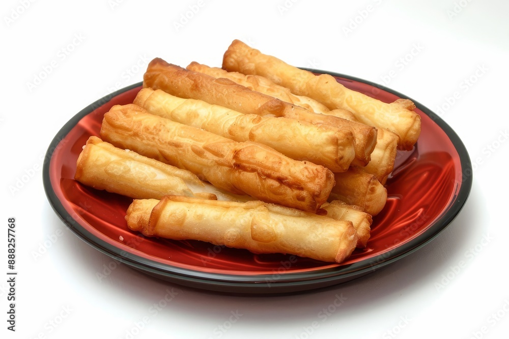 Fried cassava on red plate white background Fried cassava on red plate white background