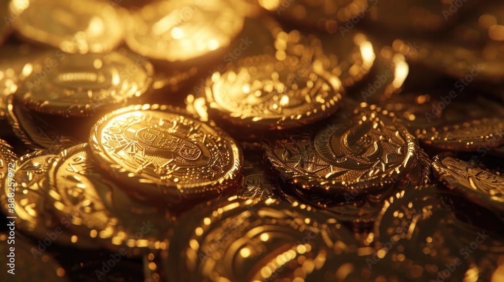 A detailed close-up of a pile of gleaming gold coins, each coin intricately designed with ancient symbols, reflecting the light and creating a rich, luxurious ambiance A detailed close-up of a pile of gleaming gold coins, each coin intricately designed with ancient symbols, reflecting the light and creating a rich, luxurious ambiance