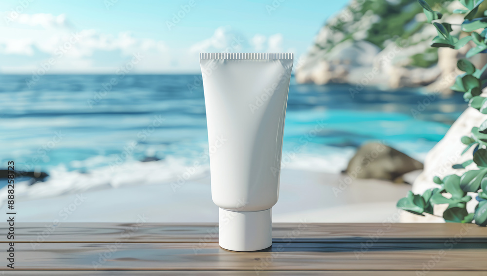 white cosmetic tube on wooden table, beach background, sun cream concept mock up, white cosmetic tube on wooden table, beach background, sun cream concept mock up,