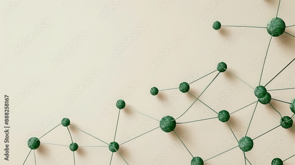 Obraz premium Sage green dots linked by forest green threads on a pale beige background, text space in the upper center