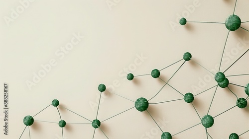 Sage green dots linked by forest green threads on a pale beige background, text space in the upper center