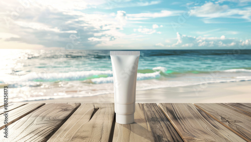 white cosmetic tube  on wooden table, beach background, sun cream concept mock up,  photo