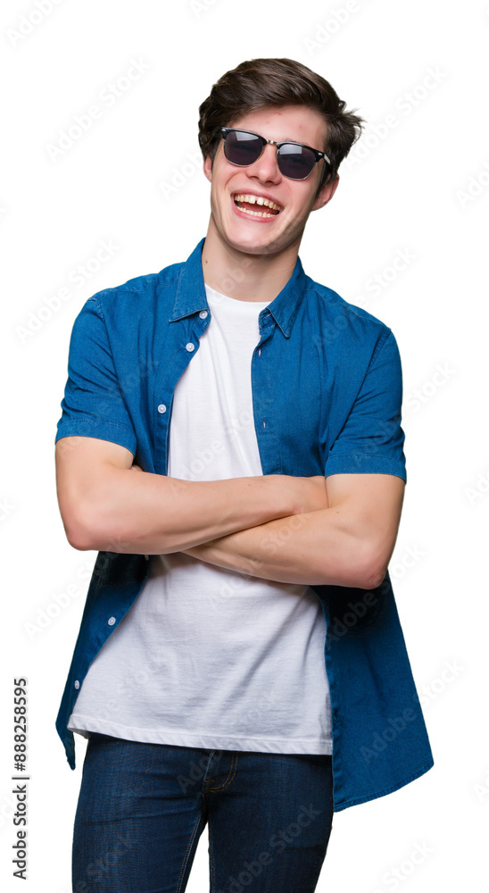 Fototapeta premium Young handsome man wearing sunglasses over isolated background happy face smiling with crossed arms looking at the camera. Positive person.