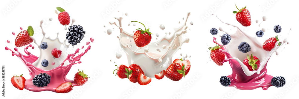 Set of Highlight the intense ruby seeds of a pomegranate bursting into milk isolated on tranparent background Set of Highlight the intense ruby seeds of a pomegranate bursting into milk isolated on tranparent background