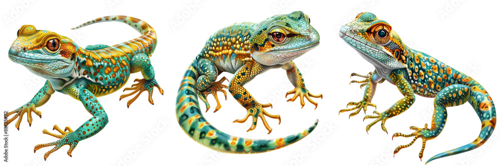 Obraz premium Set of Macro photograph capturing the intricate textures and colors of a green lizard's scales isolated on tranparent background