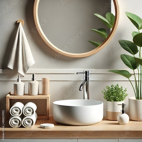 A modern bathroom vanity with a round mirror, white sink, sleek faucet, neatly rolled towels, soap dispensers, and potted plants, creating a clean and minimalist aesthetic