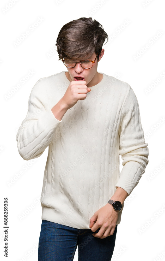 Young handsome man wearing glasses over isolated background feeling unwell and coughing as symptom for cold or bronchitis. Healthcare concept. Young handsome man wearing glasses over isolated background feeling unwell and coughing as symptom for cold or bronchitis. Healthcare concept.