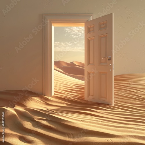 Opened door on desert. Unknown and start up concept. This is a 3d illustration Job ID: a8729566-5944-47f1-915d-afd780d3eb25 photo