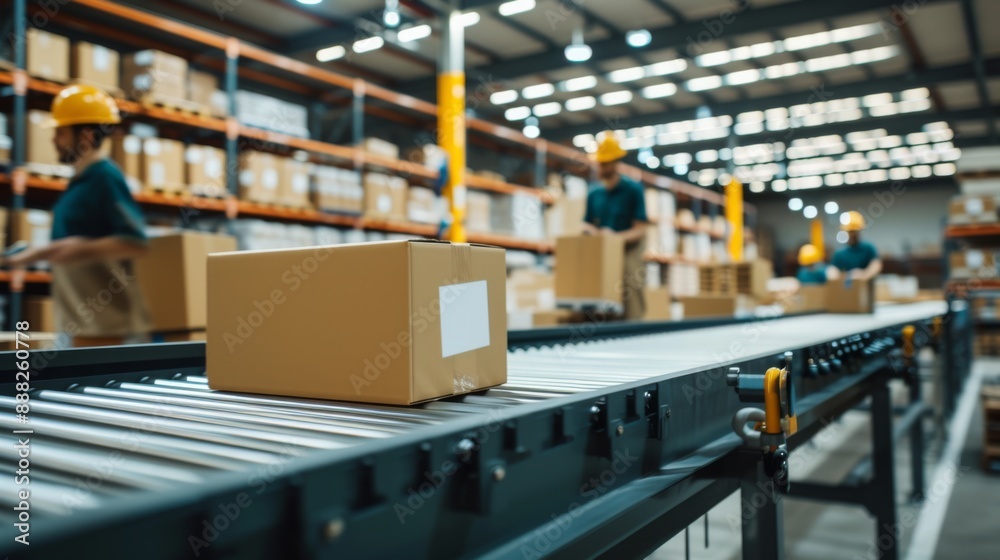 A side view of a conveyor belt moving carton boxes in a warehouse A side view of a conveyor belt moving carton boxes in a warehouse