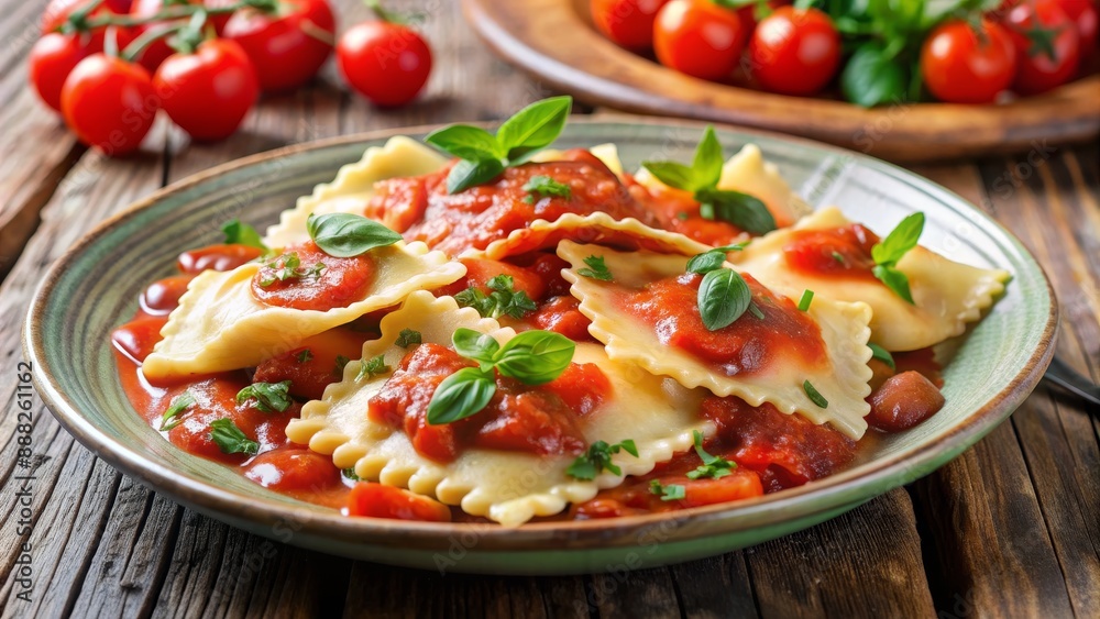 Ravioli with Tomato Sauce and Basil, Close-up View, Italian Cuisine, Pasta Dish, Home-Cooked Meal, ravioli, tomato sauce Ravioli with Tomato Sauce and Basil, Close-up View, Italian Cuisine, Pasta Dish, Home-Cooked Meal, ravioli, tomato sauce