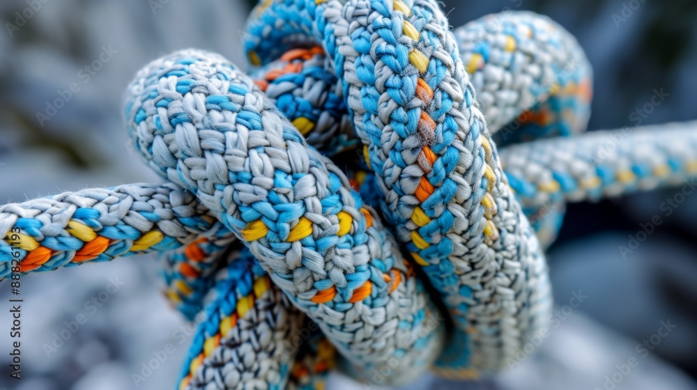Close-up of a mountaineering knot tied with rope, with details of the knot's structure and texture Close-up of a mountaineering knot tied with rope, with details of the knot's structure and texture