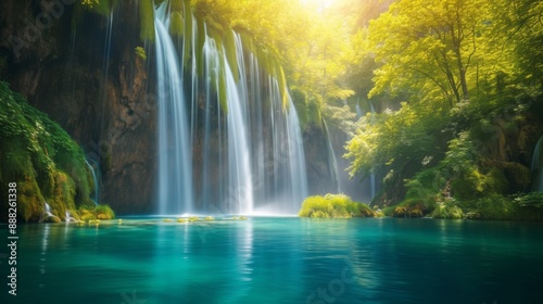 Forest waterfall flowing through lush greenery in summer, with sunlight filtering through trees