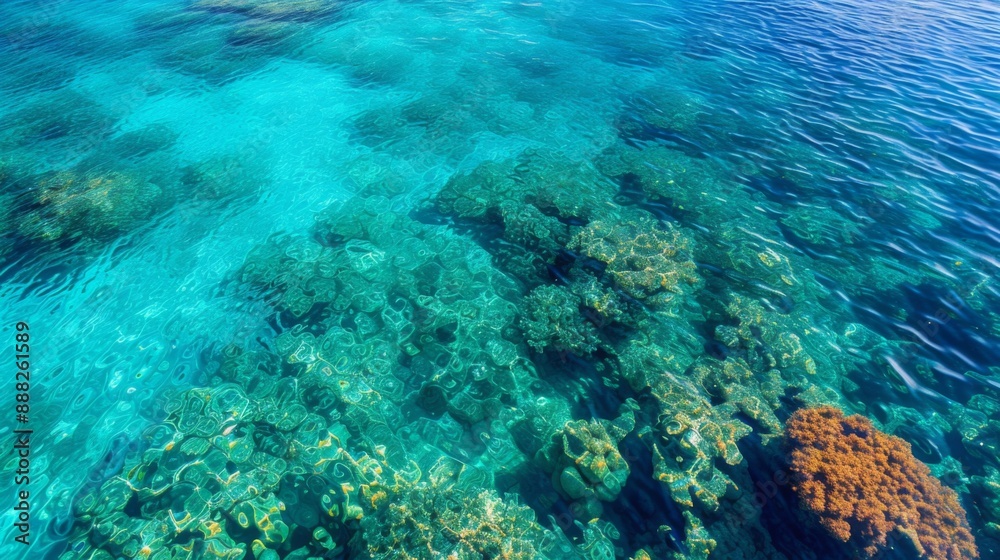 An aerial view of crystal clear water in a tropical sea or lake