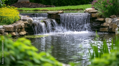 Small garden waterfall cascading into a tranquil lake