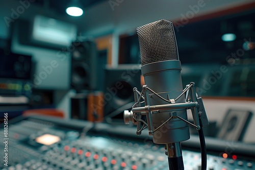 Close-up view of a professional microphone in a recording studio