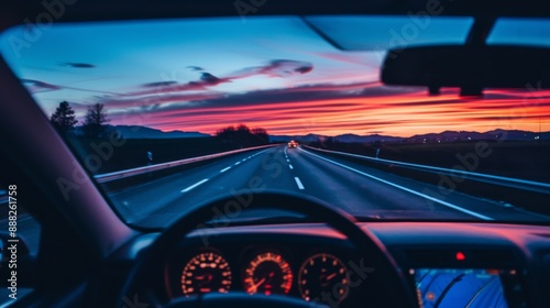 View from inside a car's windshield at sunset photo