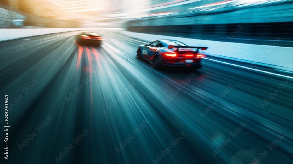 Two high-speed racing cars competing on a highway Two high-speed racing cars competing on a highway