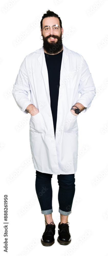 Doctor therapist man with long hair and bear wearing white coat with a happy and cool smile on face. Lucky person. Doctor therapist man with long hair and bear wearing white coat with a happy and cool smile on face. Lucky person.