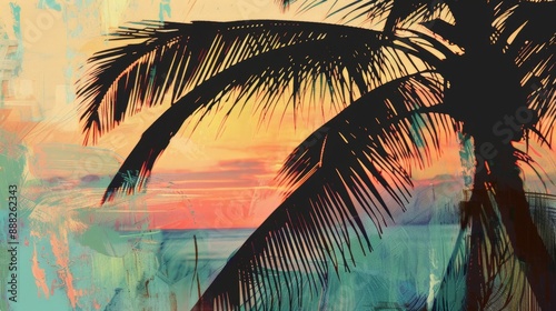 Tropical Sunset Silhouette: Palm Tree Against Vibrant Sky